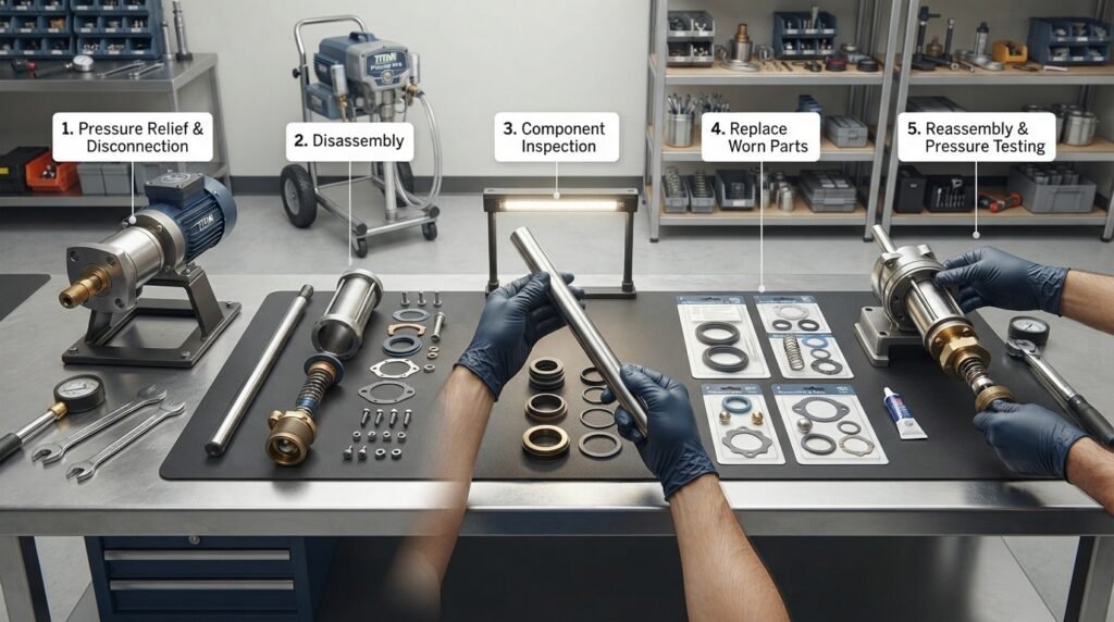 A professional technical workshop illustration showing the five-step fluid pump rebuild sequence for the Titan PowrCoat 975 on a clean stainless-steel workbench. The layout features labeled steps arranged from left to right: 1. Pressure Relief & Disconnection, 2. Disassembly, 3. Component Inspection, 4. Replace Worn Parts, and 5. Reassembly & Pressure Testing. Gloved hands inspect the displacement rod in the center, while the Titan PowrCoat 975 sprayer stands in the background