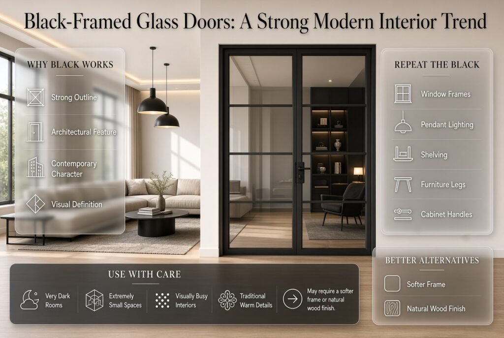 Black-framed glass doors create bold architectural features in modern interiors, balanced with matching dark accents and natural finishes