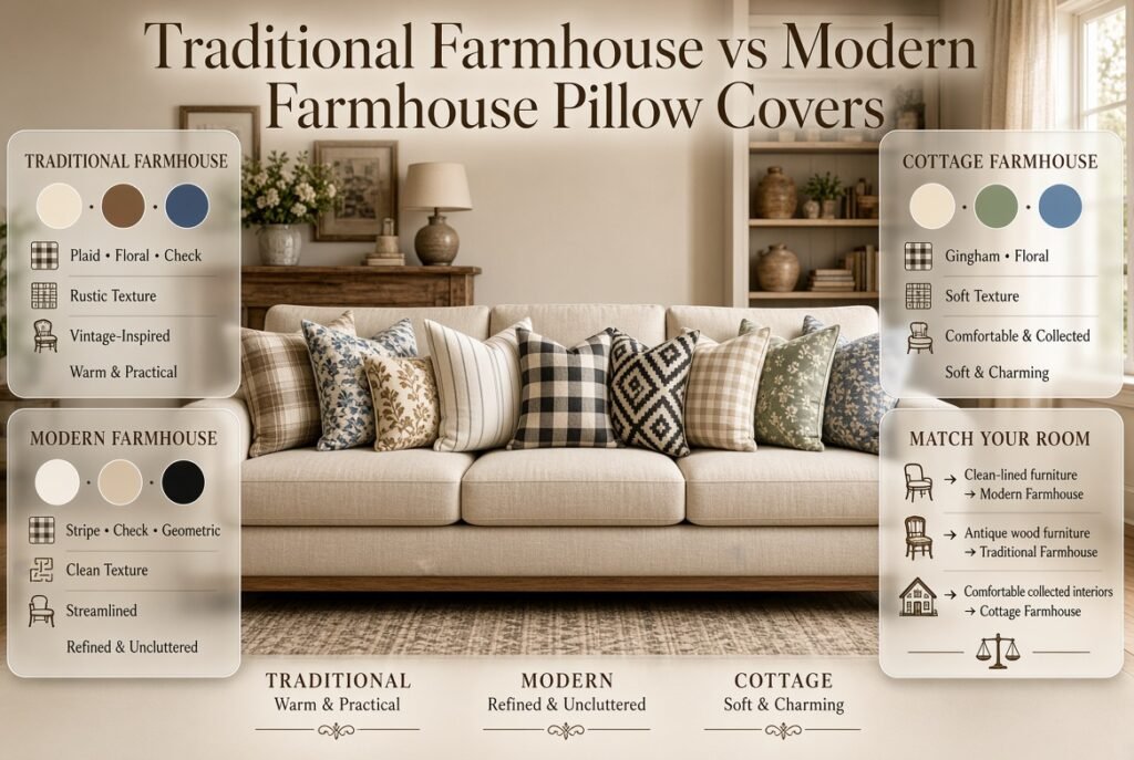 Traditional, modern, and cottage farmhouse pillow covers compared by colors, patterns, textures, furniture, and overall interior style.