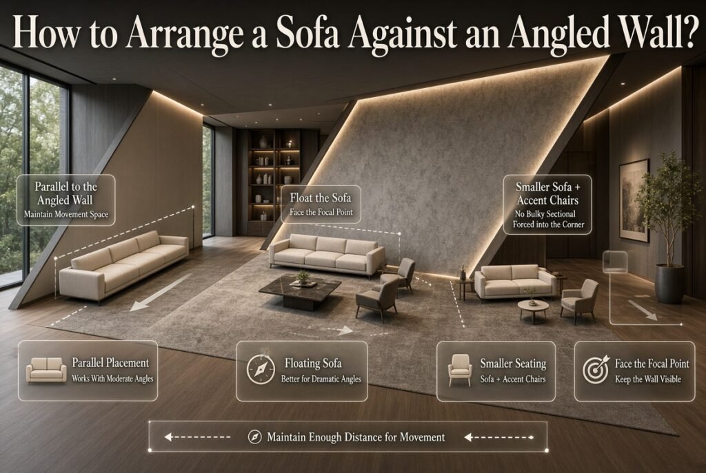 Modern living room showing three sofa arrangements for an angled wall, including parallel placement, floating sofa, and accent chairs.