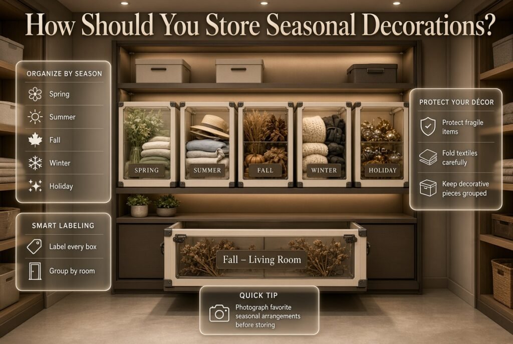 Seasonal decoration storage ideas with labeled boxes for spring, summer, fall, winter, and holiday décor organized by room.