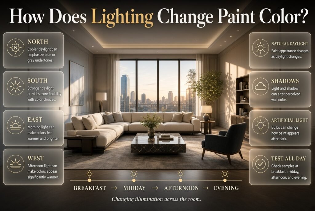 How lighting changes paint color in north, south, east, and west-facing rooms throughout the day with natural and artificial light.