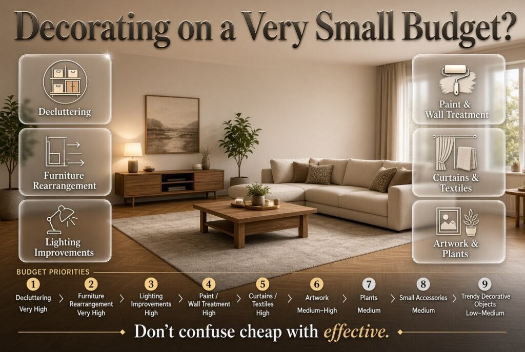 Budget-friendly decorating ideas using decluttering, furniture rearrangement, lighting, paint, textiles, and simple home updates