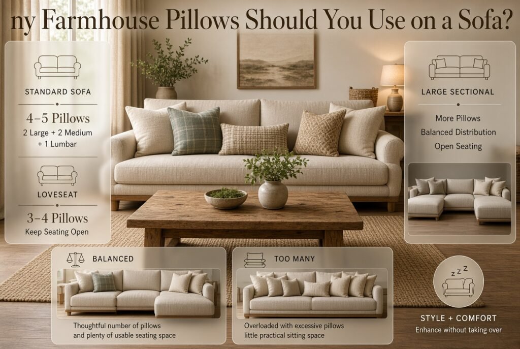 Farmhouse sofa styled with four to five pillows using layered sizes, balanced spacing, and comfortable seating for a functional arrangement.
