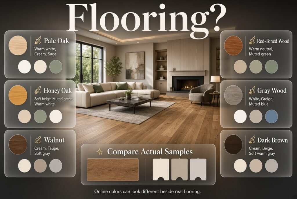 Wall colors for wood flooring showing pale oak, honey oak, walnut, red-toned, gray, and dark brown combinations