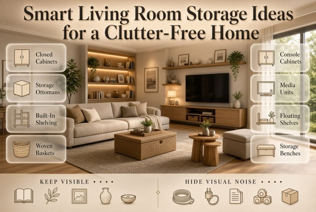 Modern living room storage with cabinets, baskets, shelving, ottomans, benches, and organized decor for intentional visibility