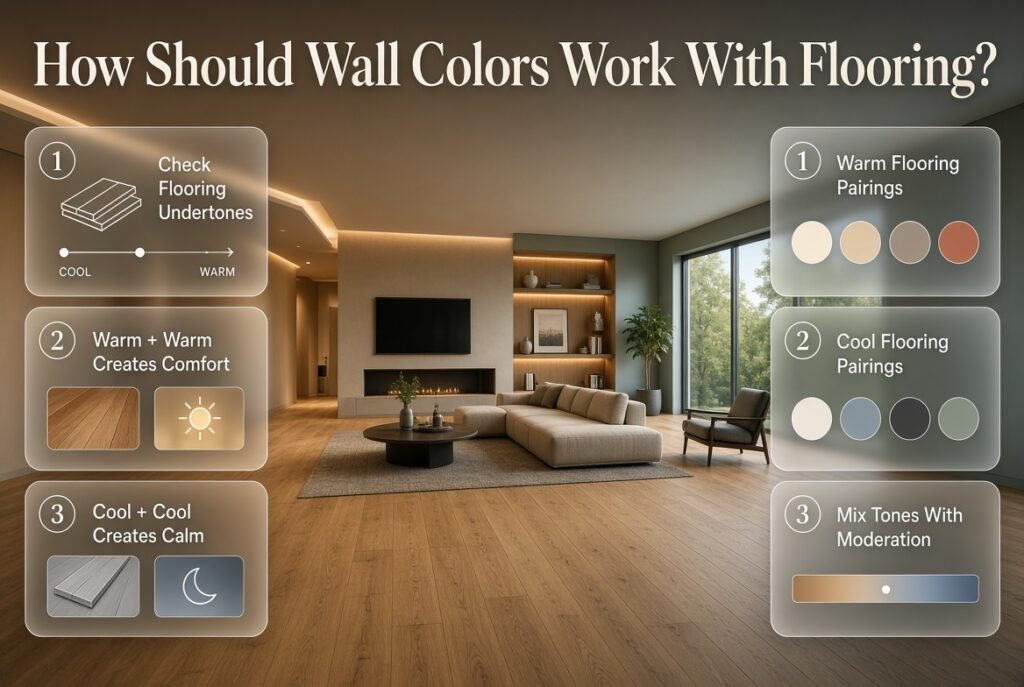 Wall colors with flooring guide showing warm and cool color pairings, undertones, balanced materials, and stylish interior combinations