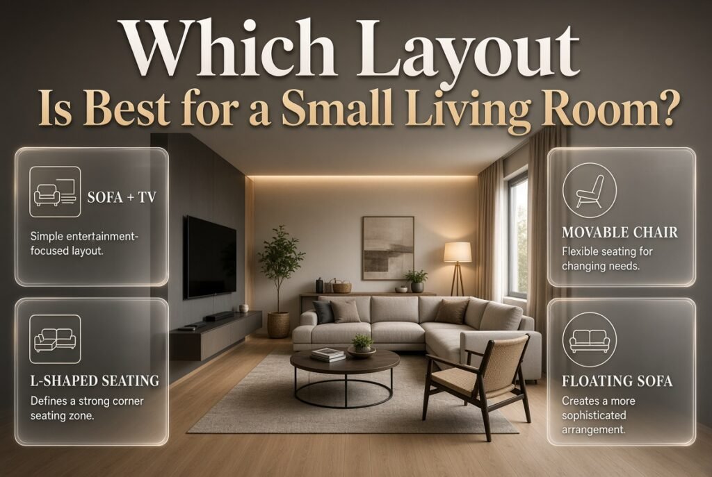 Small living room layout ideas showing sofa, TV, L-shaped seating, movable chair, and floating sofa arrangements