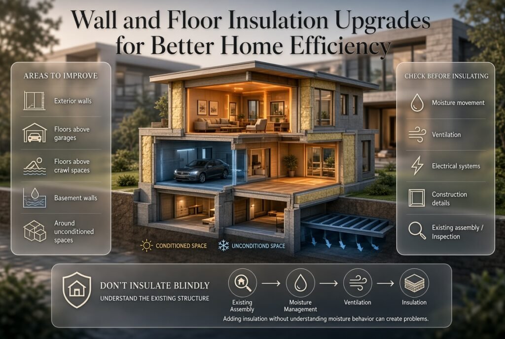 Wall and floor insulation upgrades showing exterior walls, basement walls, garage floors, crawl spaces, and unconditioned areas.