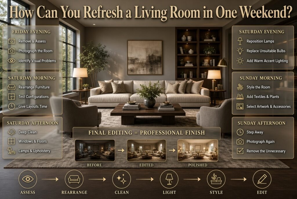 Weekend living room makeover showing rearrangement, deep cleaning, lighting, styling, and final editing for a polished interior