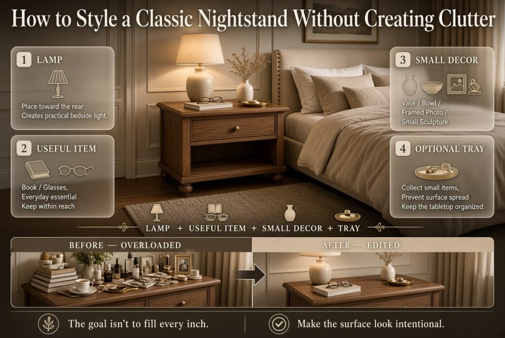 Classic nightstand styled with a lamp, useful book, small decor, and optional tray for an elegant, practical, clutter-free bedroom.