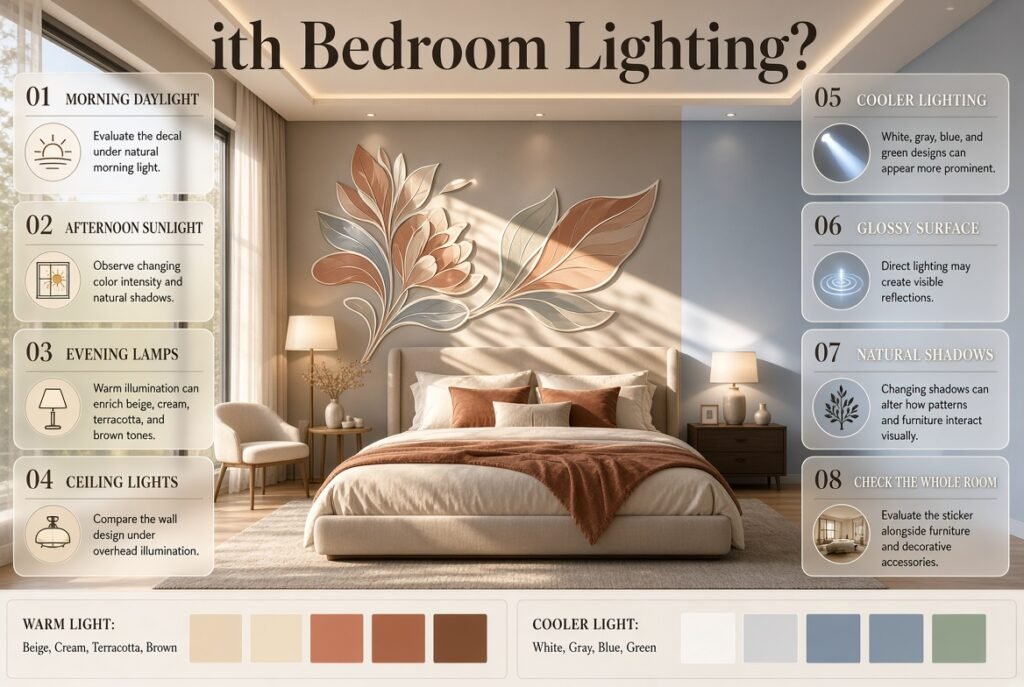 Bedroom lighting effects on wall stickers, showing warm and cool light on beige, cream, terracotta, brown, blue, green, and gray decals