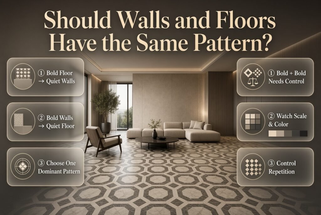 Walls and floors pattern guide showing bold flooring with quiet walls, balanced design, and controlled pattern combinations