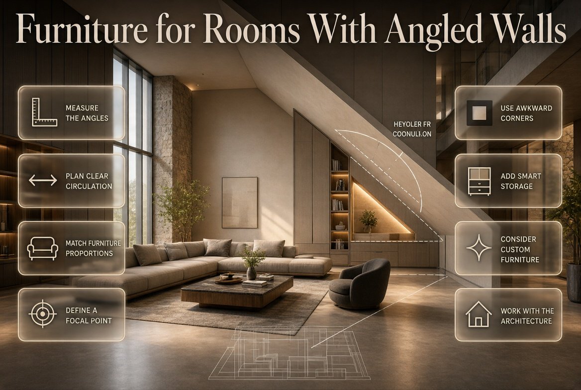 Furniture for rooms with angled walls arranged around an unusual floor plan with custom storage, sofas, and practical circulation space.Furniture for Rooms With Angled Walls: Smart Space Planning