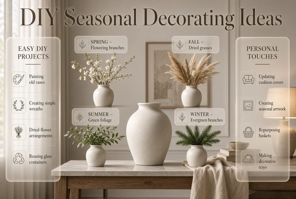 DIY seasonal decorating ideas featuring one neutral vase styled with flowers, foliage, dried grasses, and evergreen branches throughout the year.