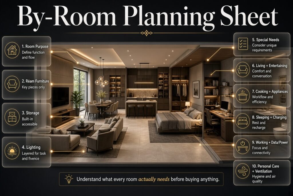 By-room interior planning sheet showing furniture, storage, lighting, purpose, and special needs for key home spaces.