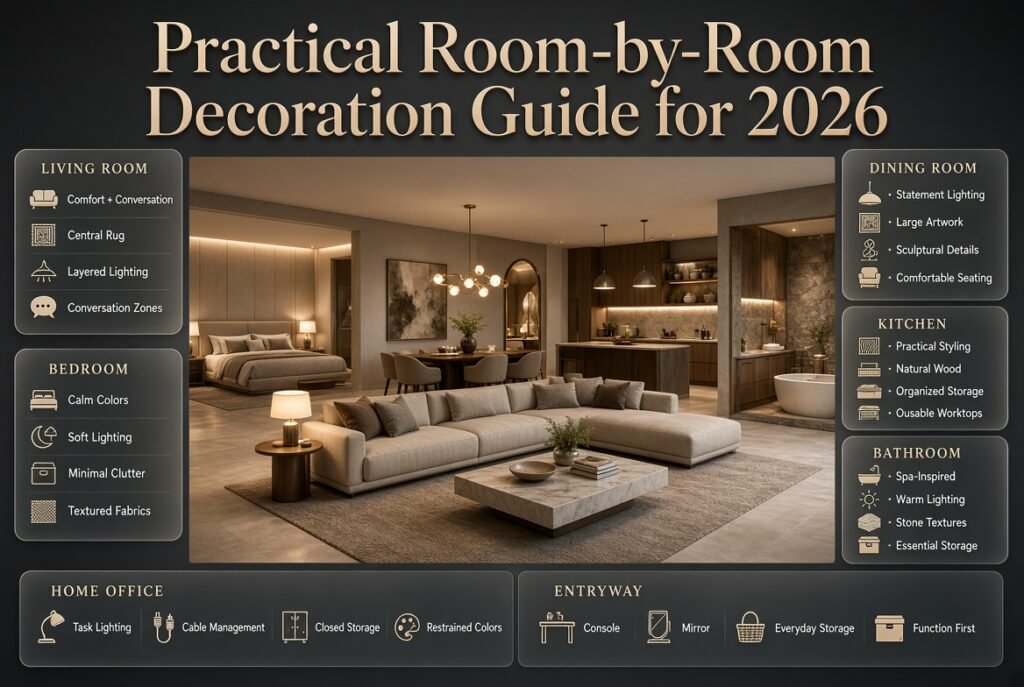 Practical room-by-room decoration guide for 2026 featuring living room, bedroom, dining room, kitchen, bathroom, office, and entryway ideas