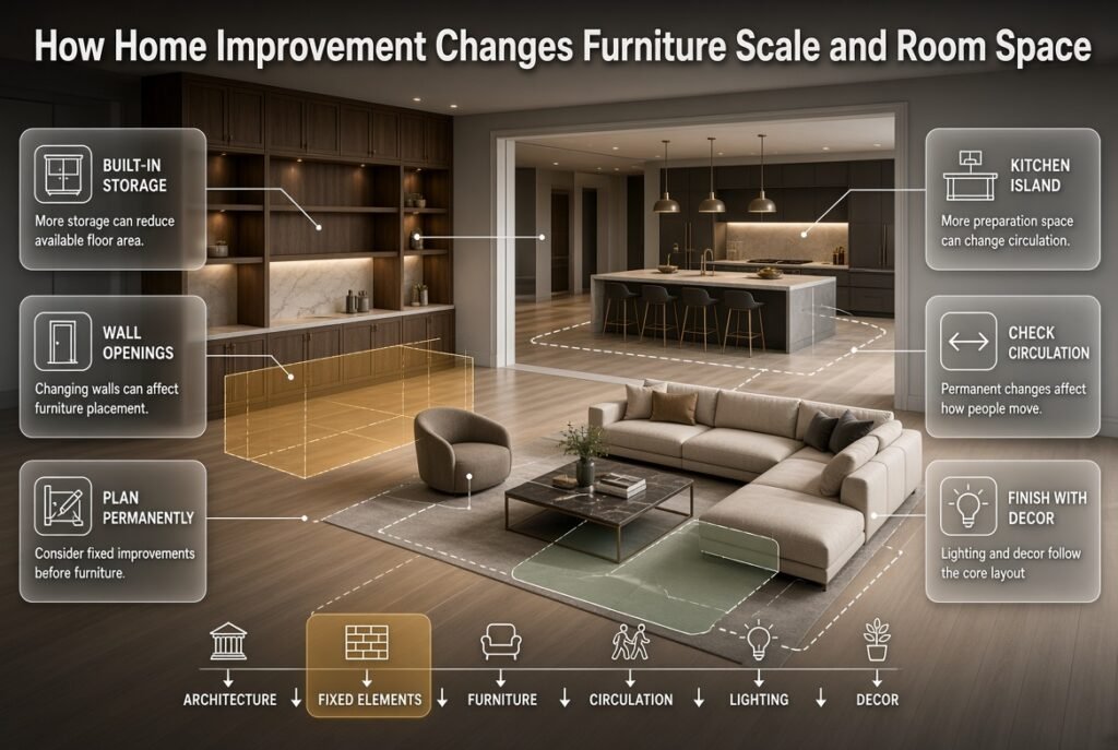 Home improvement and furniture scale infographic showing cabinets, kitchen islands, wall openings, circulation, lighting, and decor planning.