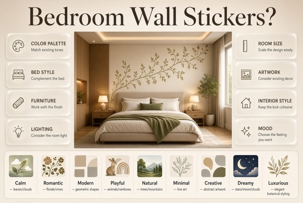 Bedroom wall stickers matched with room colors, furniture, lighting, size, and interior style for a balanced bedroom design