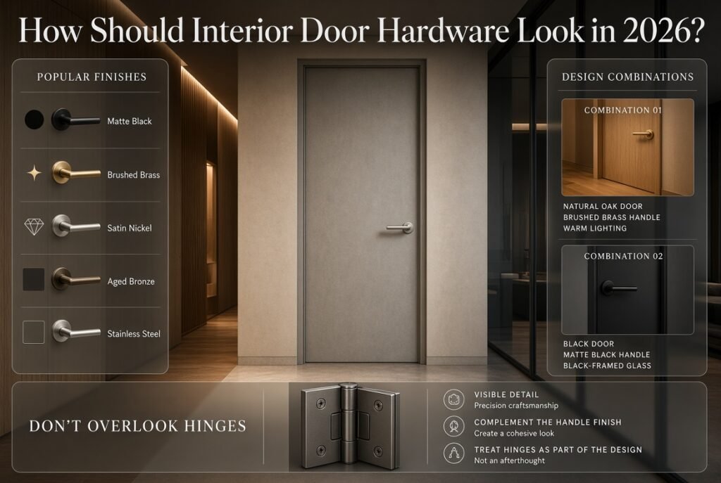 Modern interior door hardware in 2026 featuring minimalist handles, premium metal finishes, and coordinated hinges for stylish interiors