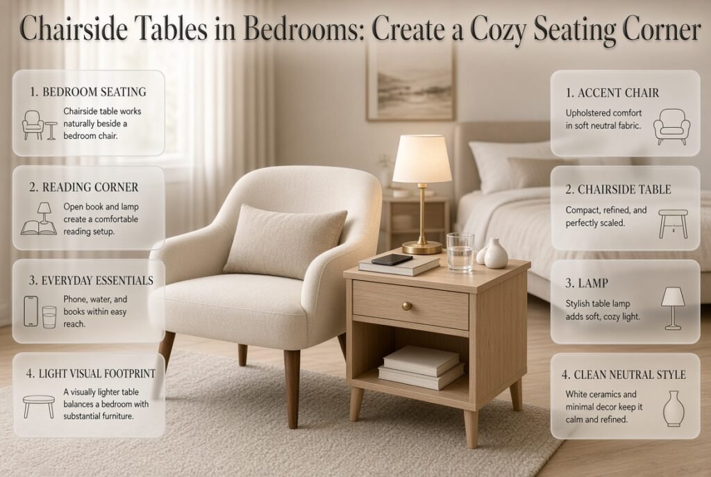 Chairside table beside a bedroom accent chair with lamp, books, phone and decor in a clean neutral seating corner