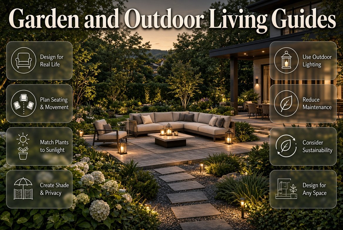Garden and outdoor living guides featuring a stylish, practical garden with seating, plants, shade, privacy, and lighting Garden and Outdoor Living Guides for Beautiful Homes