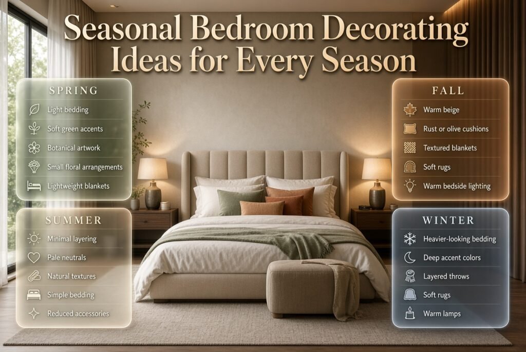 Elegant seasonal bedroom decorating ideas showing spring, summer, fall, and winter styling with cozy layered bedding and accents.