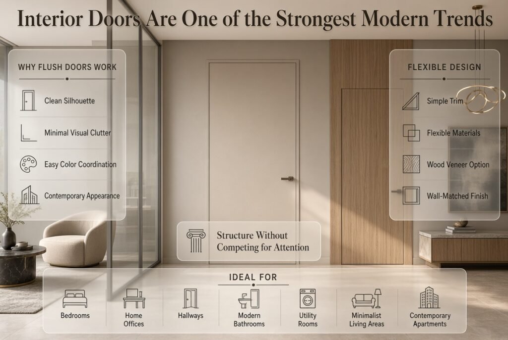 Interior doors are one of the strongest modern trends, showcasing sleek flush doors with clean silhouettes for contemporary homes