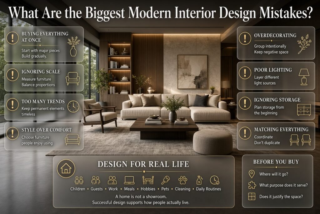 Modern living room showing common interior design mistakes involving scale, clutter, lighting, storage, comfort, trends, and mismatched furniture