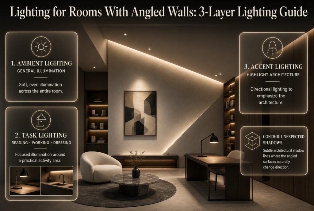 Three-layer lighting guide for angled rooms showing ambient, task, and accent lighting for walls, work areas, shelving, and décor.