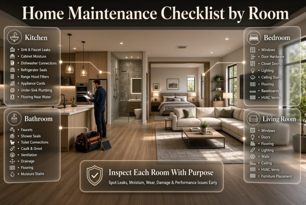 Room-by-room home maintenance checklist covering kitchen, bathroom, bedroom, and living room inspections and upkeep tasks