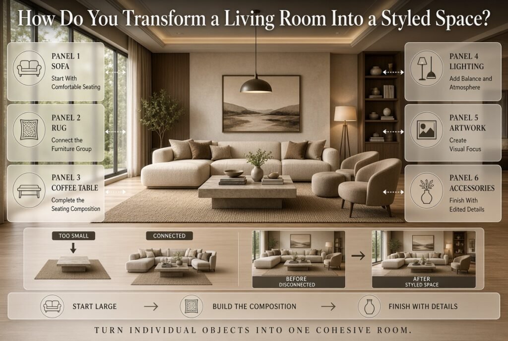 Styled living room transformation with balanced seating, layered textures, artwork, lighting, and a properly scaled area rug