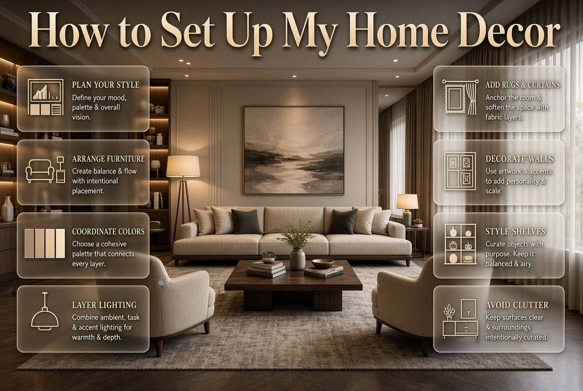 Elegant living room showing how to set up home decor with furniture, colors, lighting, rugs, curtains, and wall art.How to Set Up Home Decor: Complete Room Styling Guide