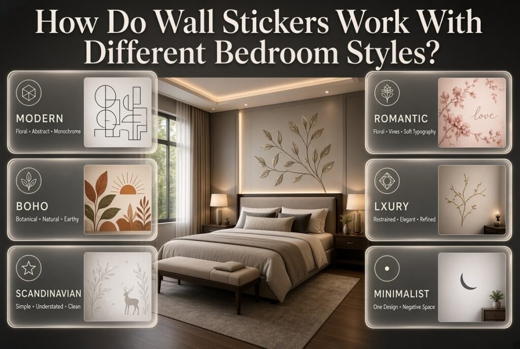 Wall sticker ideas for modern, boho, Scandinavian, romantic, luxury, and minimalist bedroom interior styles