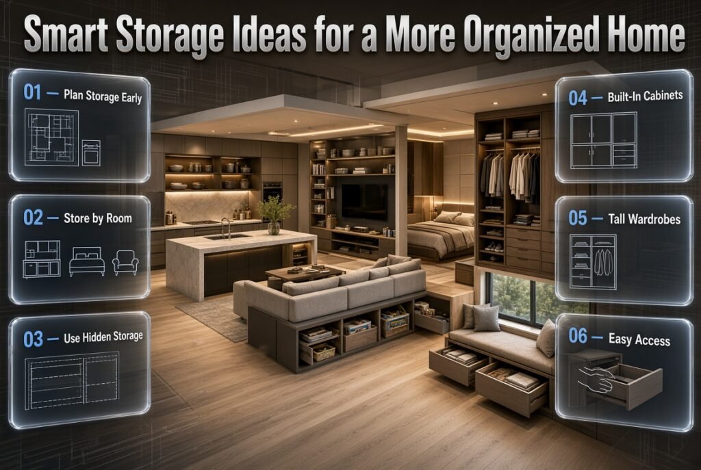 Smart home storage design featuring built-in cabinets, wardrobes, shelving, and organized spaces for everyday household items.
