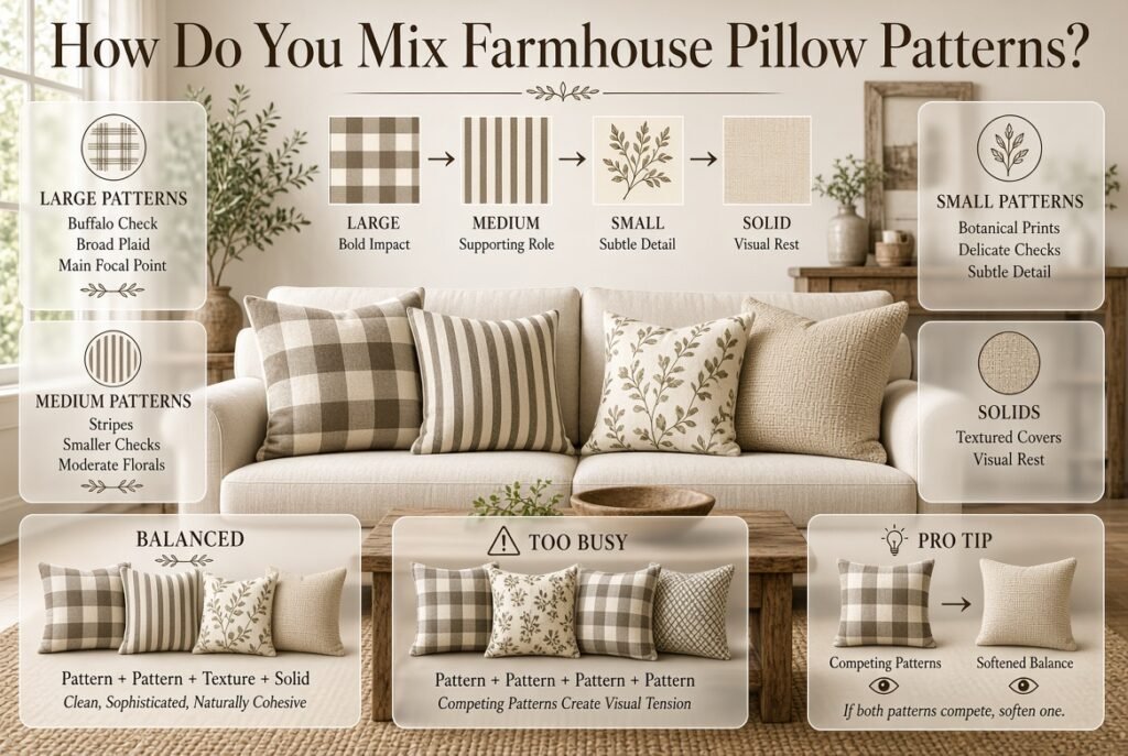 Farmhouse pillow patterns mixed by scale with large checks, medium stripes, small botanicals, solids, and layered textures for balance.