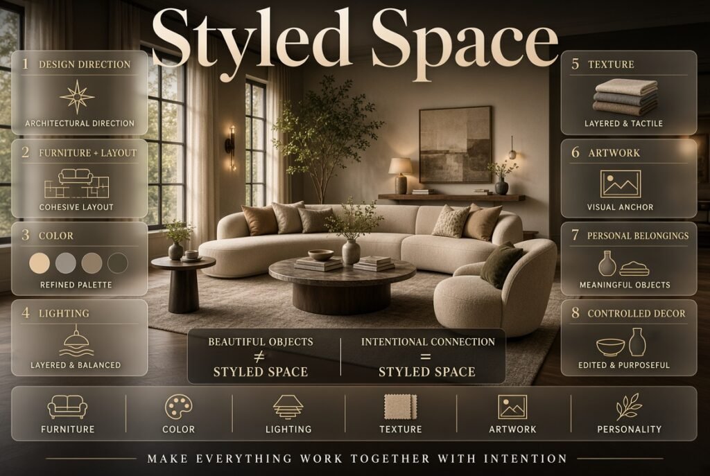 Styled space with cohesive furniture, color, lighting, texture, artwork, and personal décor creating an intentional home interior