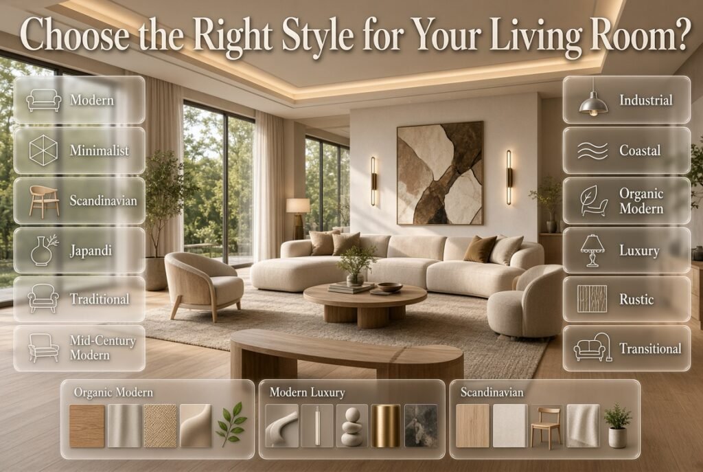 Living room style guide featuring modern, minimalist, Scandinavian, Japandi, luxury, rustic, and organic modern interiors