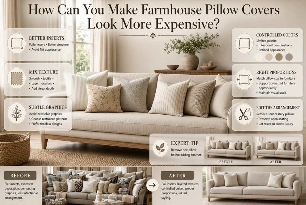 Farmhouse pillow covers styled to look expensive with fuller inserts, layered textures, controlled colors, proper proportions, and restraint.