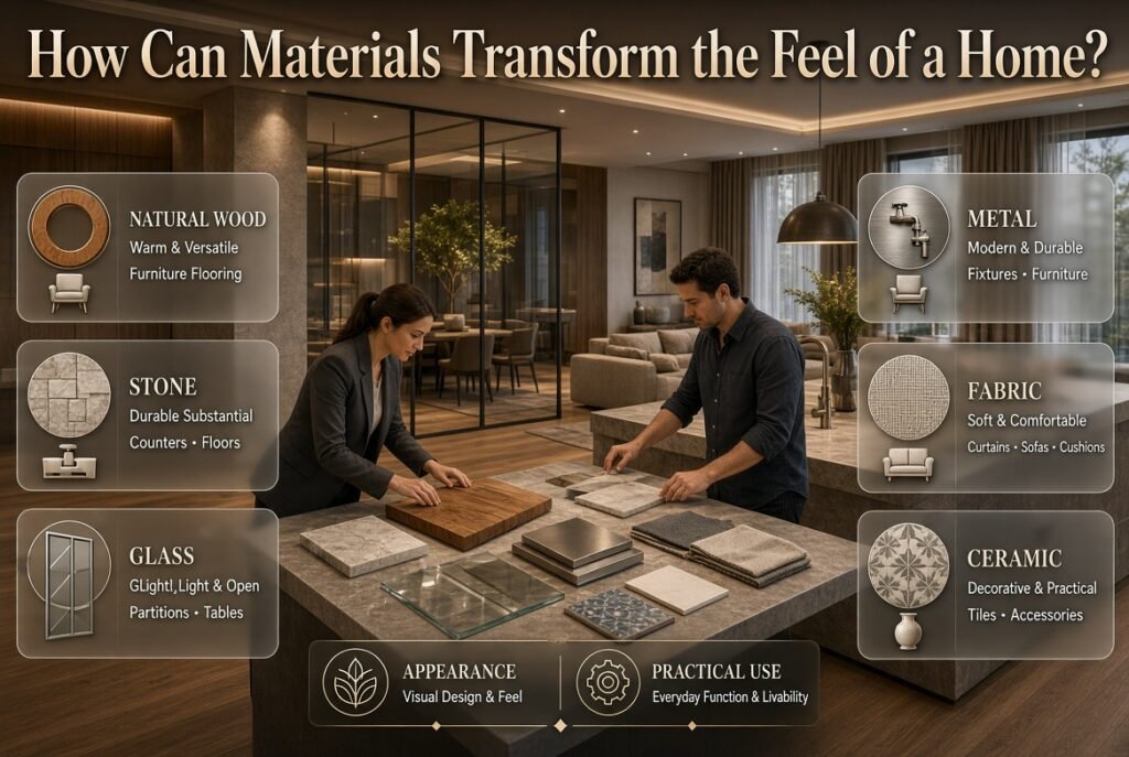 Material selection guide showing wood, stone, glass, metal, fabric and ceramic used across a modern interior by designers.