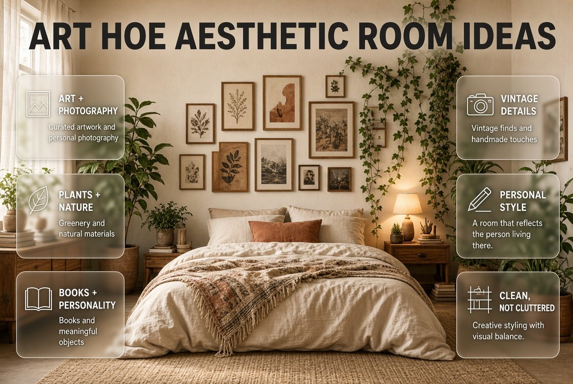 Art hoe aesthetic bedroom with wall art, plants, books, vintage decor, natural textures, and creative personal styling.Art Hoe Aesthetic Room Ideas for Creative Bedroom Decor
