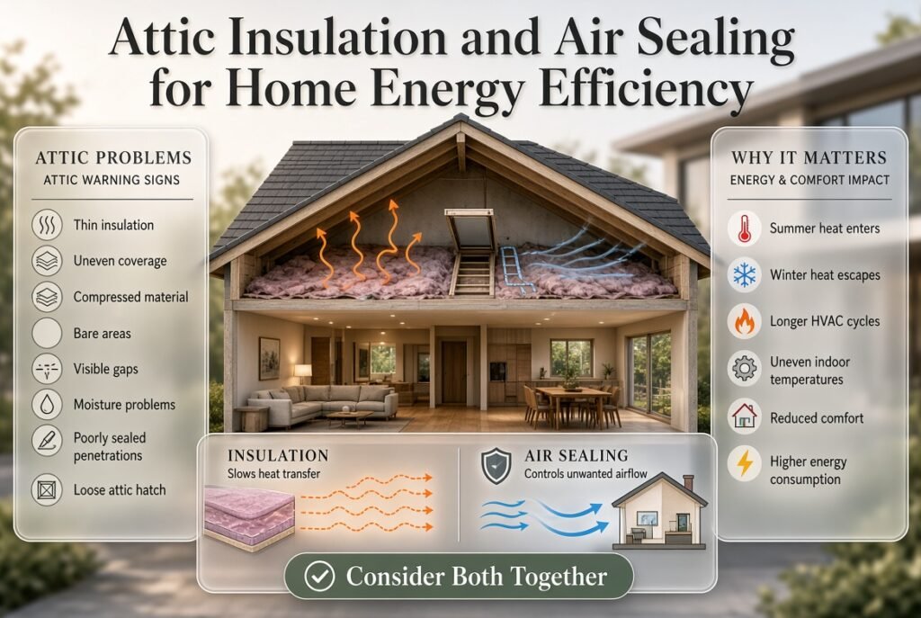 Attic insulation and air sealing guide showing heat transfer, insulation gaps, air leaks, and common attic problem areas.
