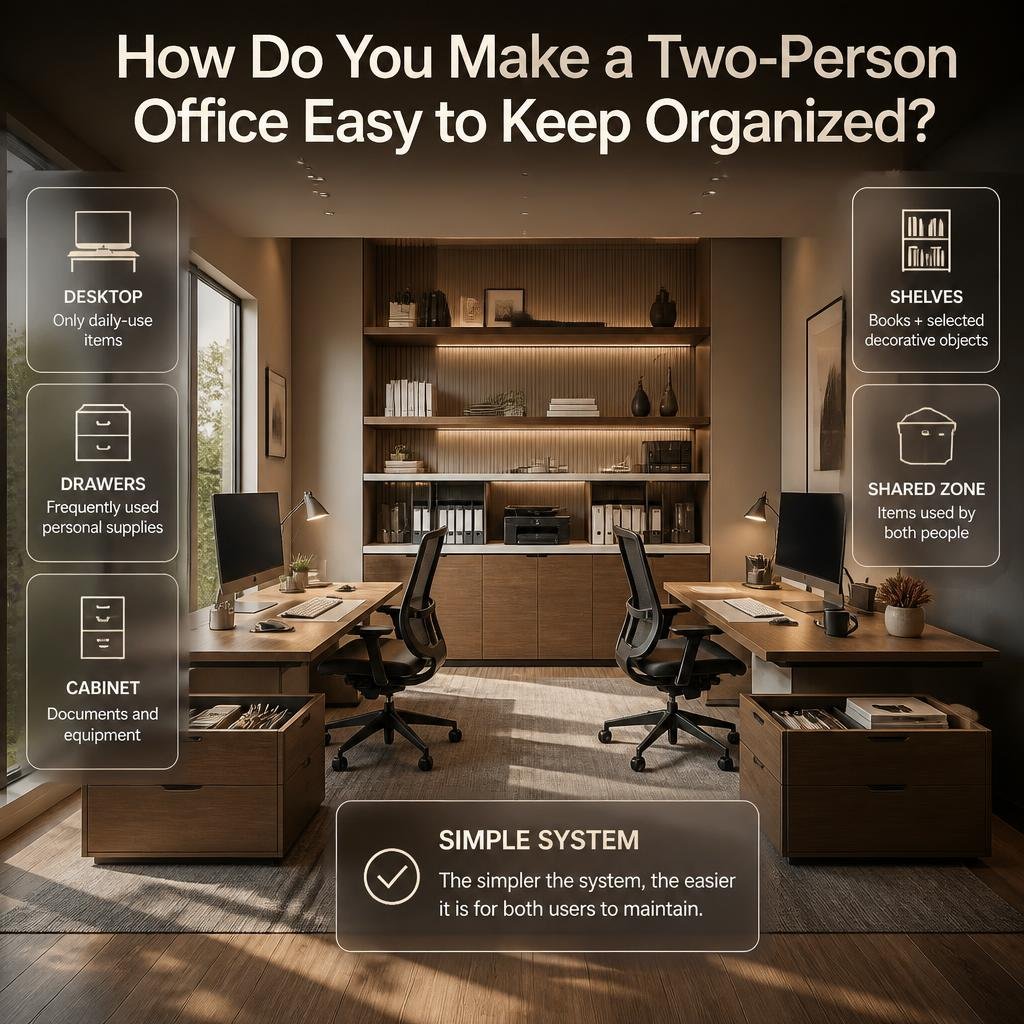 Organized two-person home office with categorized desks, drawers, cabinets, shelves, cables, and shared storage zones