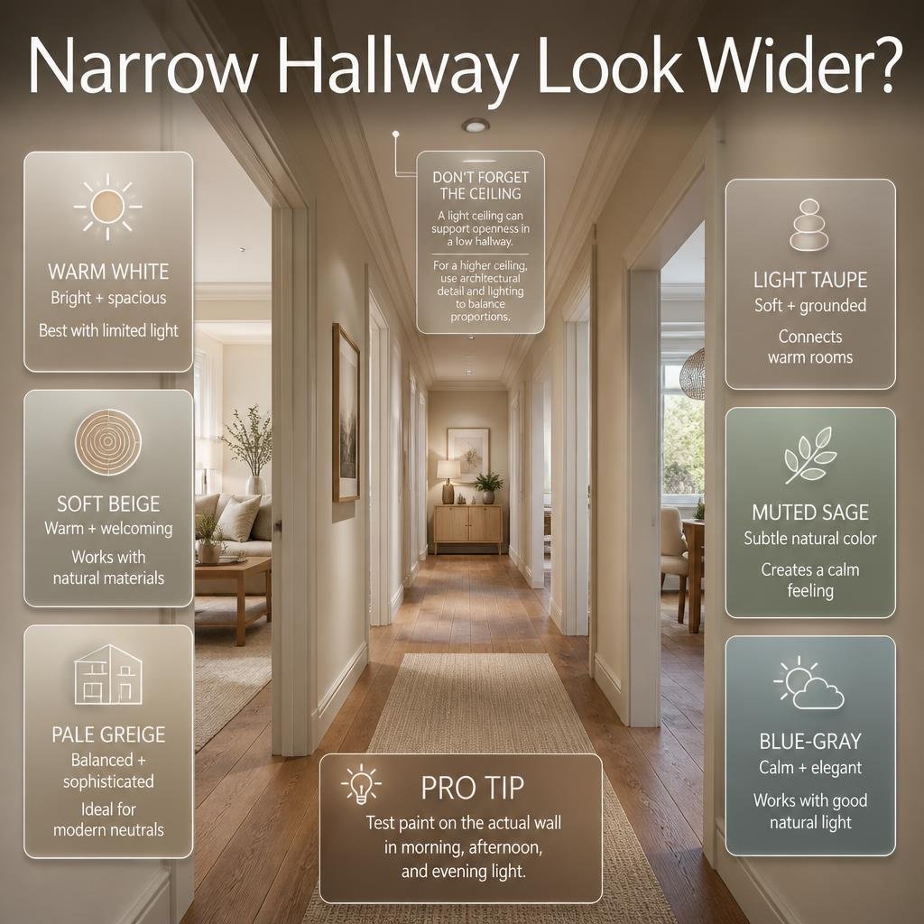 Narrow hallway using warm white, beige, greige, taupe, sage, and blue-gray colors to create a wider, brighter visual effect