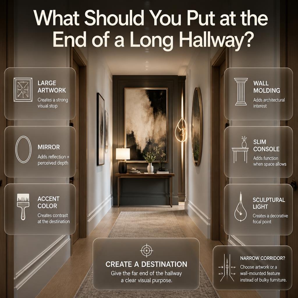 Long hallway end wall styled with artwork, mirror, accent color, wall molding, slim console, and sculptural lighting