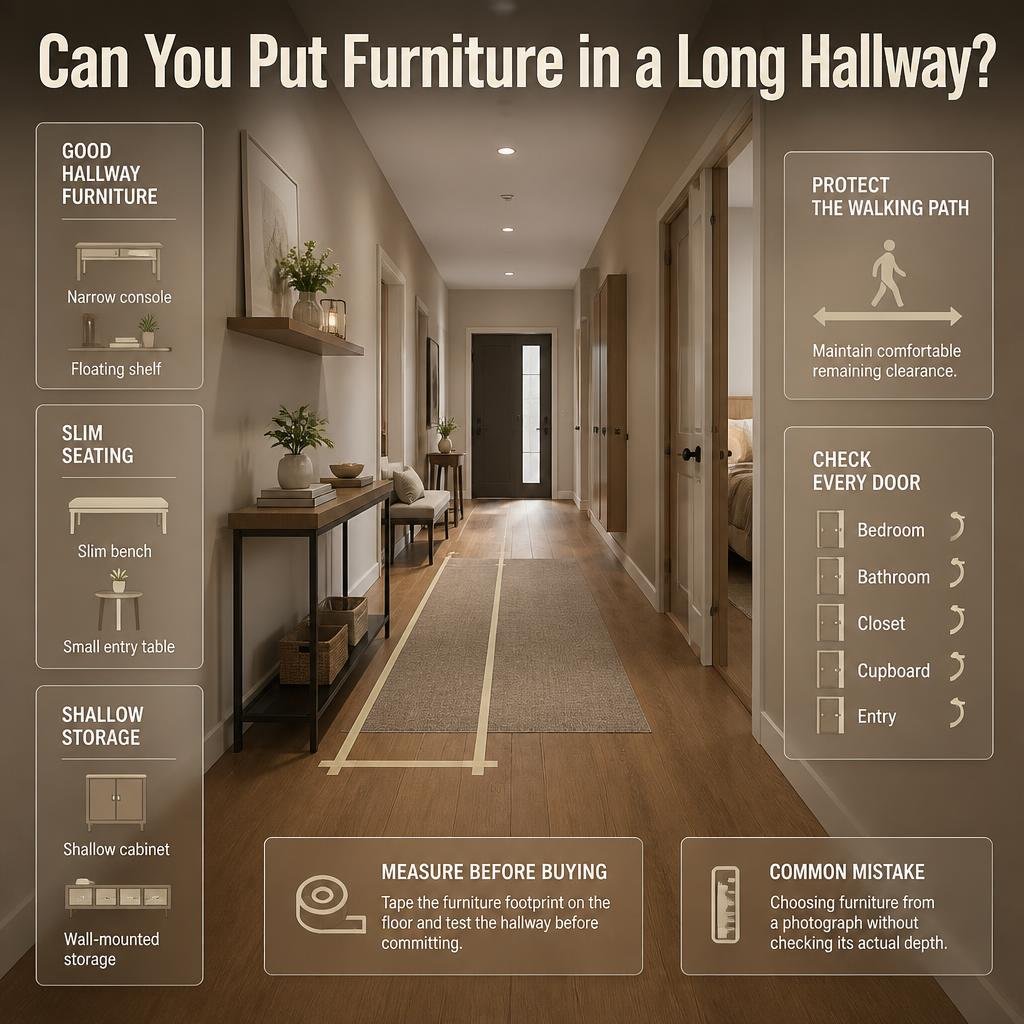 Long hallway with slim console, floating shelf, narrow bench, shallow cabinet, and clear walking space around doors