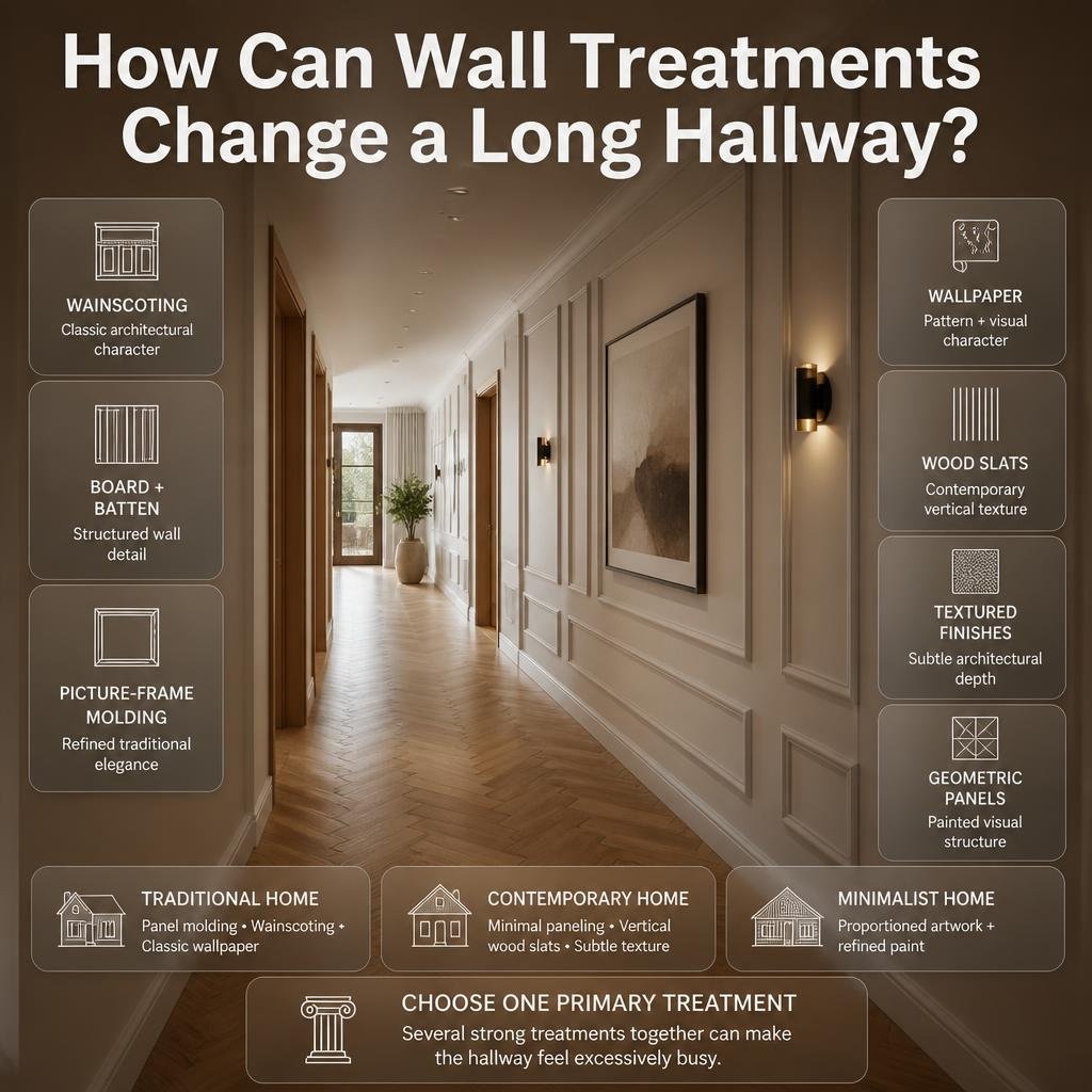 Long hallway featuring wainscoting, board and batten, wall molding, wallpaper, wood slats, and textured wall finishes