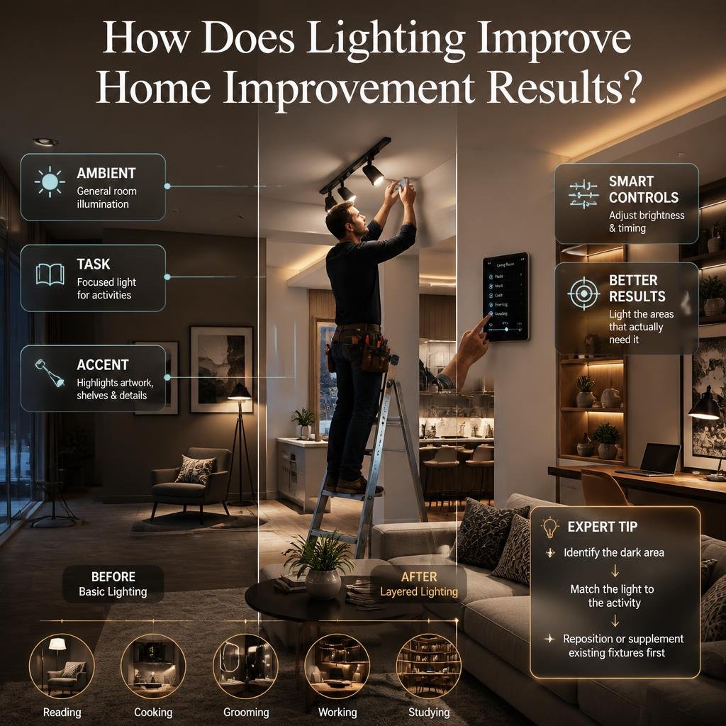 Home improvement lighting with ambient, task, and accent layers for a brighter, more functional and comfortable interior