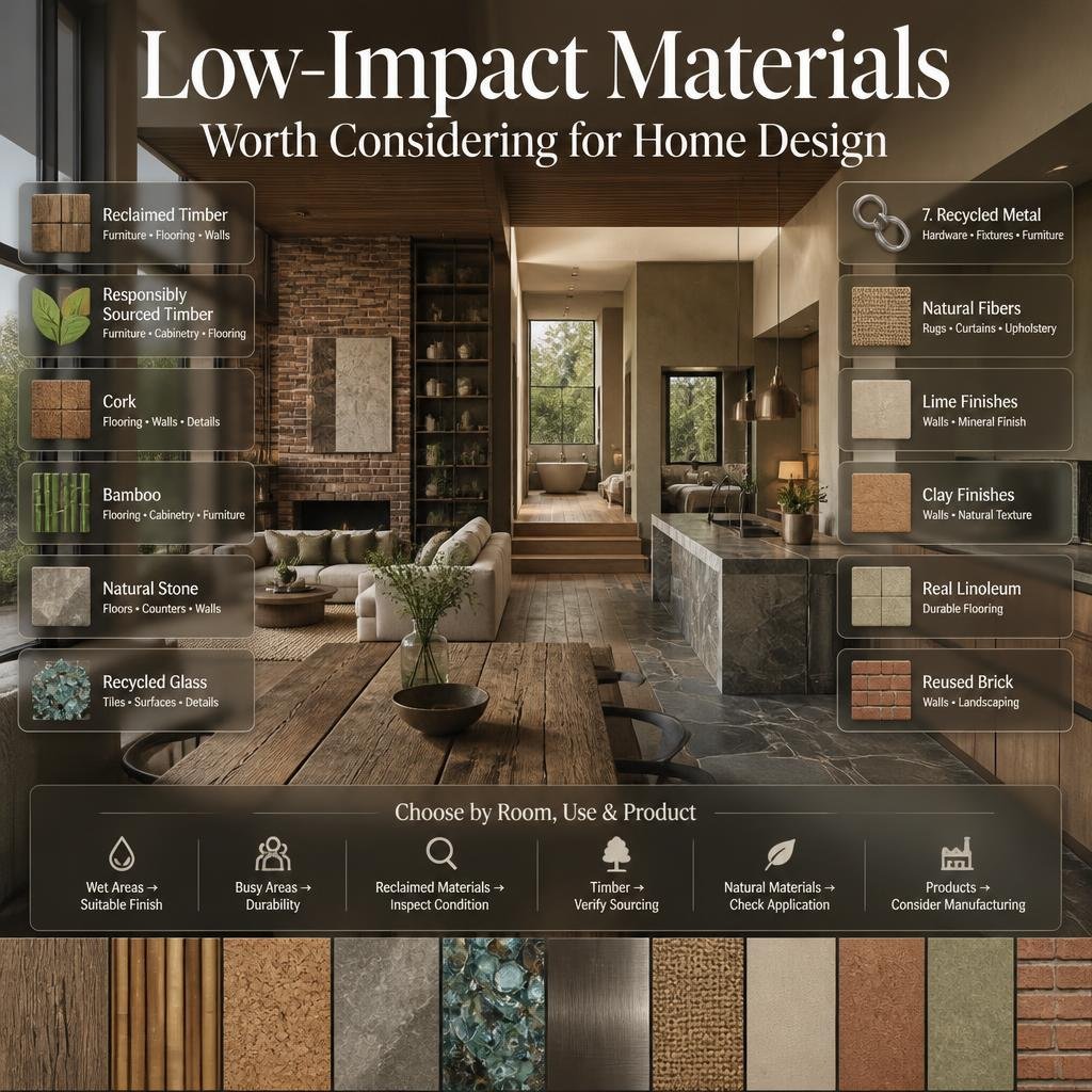 Low-impact home materials including reclaimed timber, cork, bamboo, recycled glass, natural stone, metal, and natural fibers.