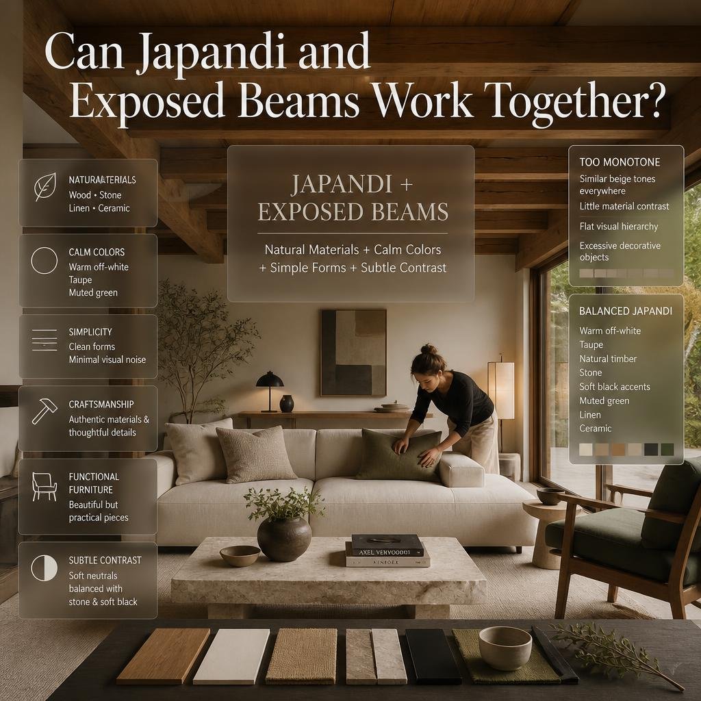 Japandi interior with exposed timber beams, low-profile sofa, natural wood, stone, linen, ceramic, and calm neutral colors
